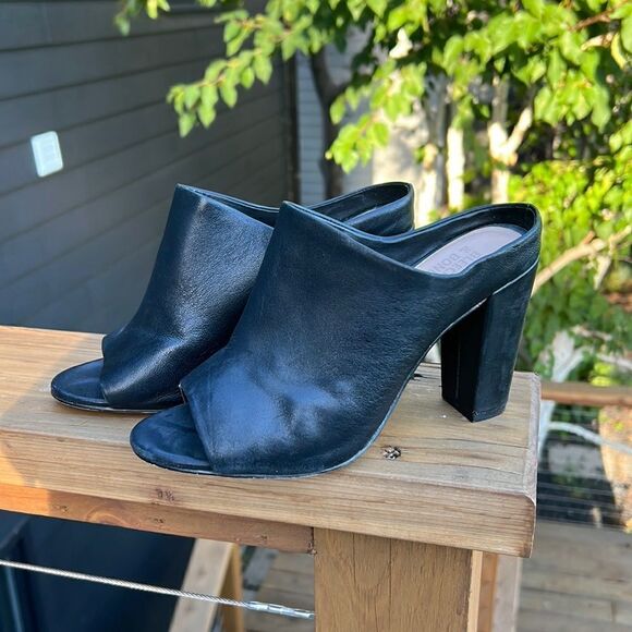 Black Genuine Leather Heel Open Toe Bootie, Size 7, Women’s Heels - Picture 1 of 7